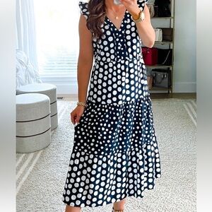 LOFT Navy and White Polka Dot Midi Dress